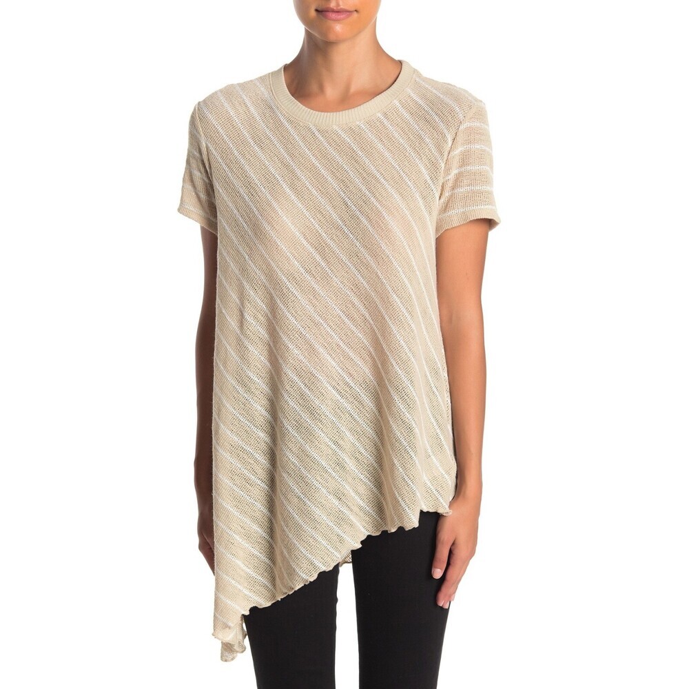 Everleigh Short Sleeve Tie Front Shirt Open Knit Top In Oatmeal Ivory Size XS